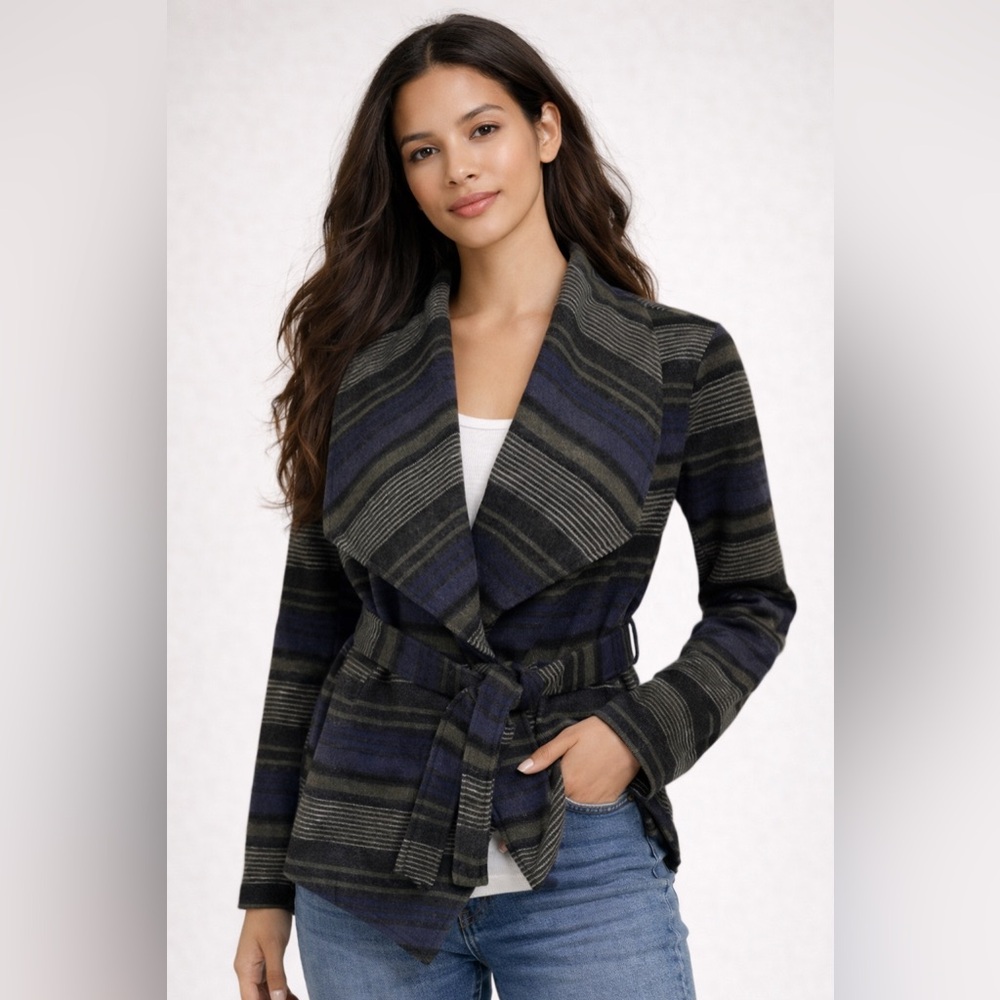 Jack by BB Dakota Striped Waterfall Belted Jacket‎ Draped Open Front Boho SMALL